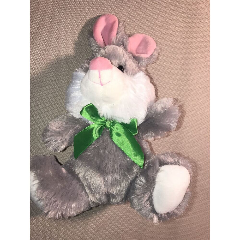 American Greetings Easter Gray Bunny Rabbit Green Bow‎ 11" Pink Sitting